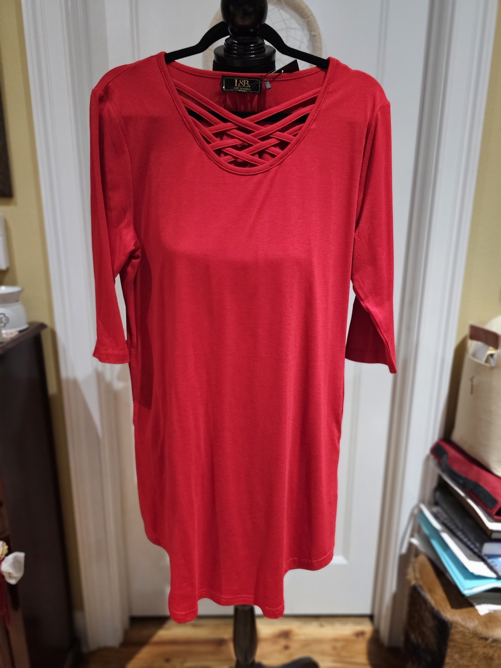 L&B Bright Red Crisscross Neck 3/4 Sleeve Tunic/Dress - NWT, Size S